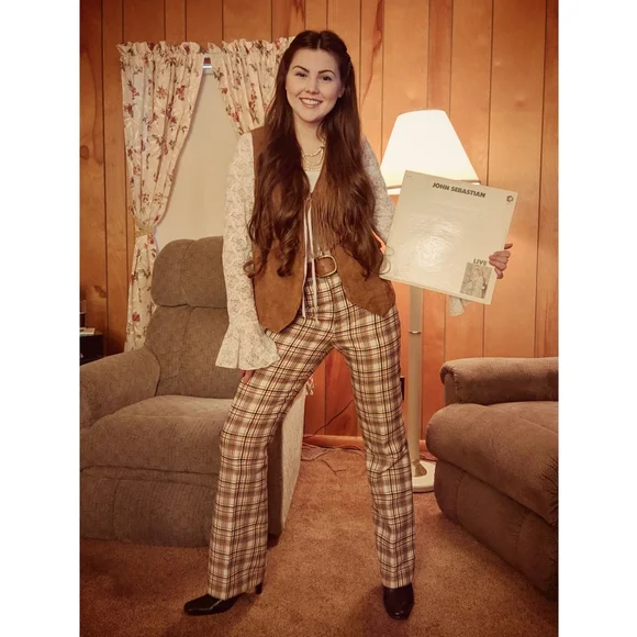 1960s Levi's for Gals Pants 1970s Bootcut Flare Trousers Plaid Brown Mid Rise - Picture 6 of 9